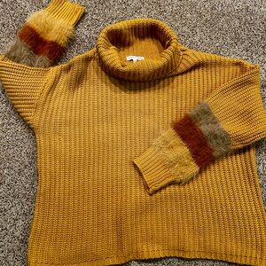 Woven Heart Yellow Cowl Neck Sweater with Chunky Knit and Color Block Cuffs